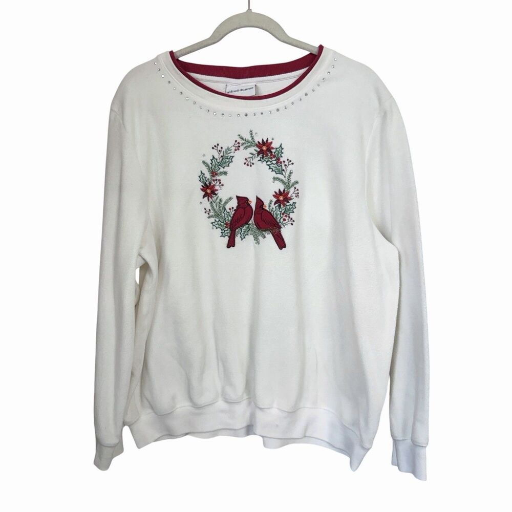 Alfred Dunner Womens Sz XL White Cardinal Embellished Crewneck Fleece Sweatshirt